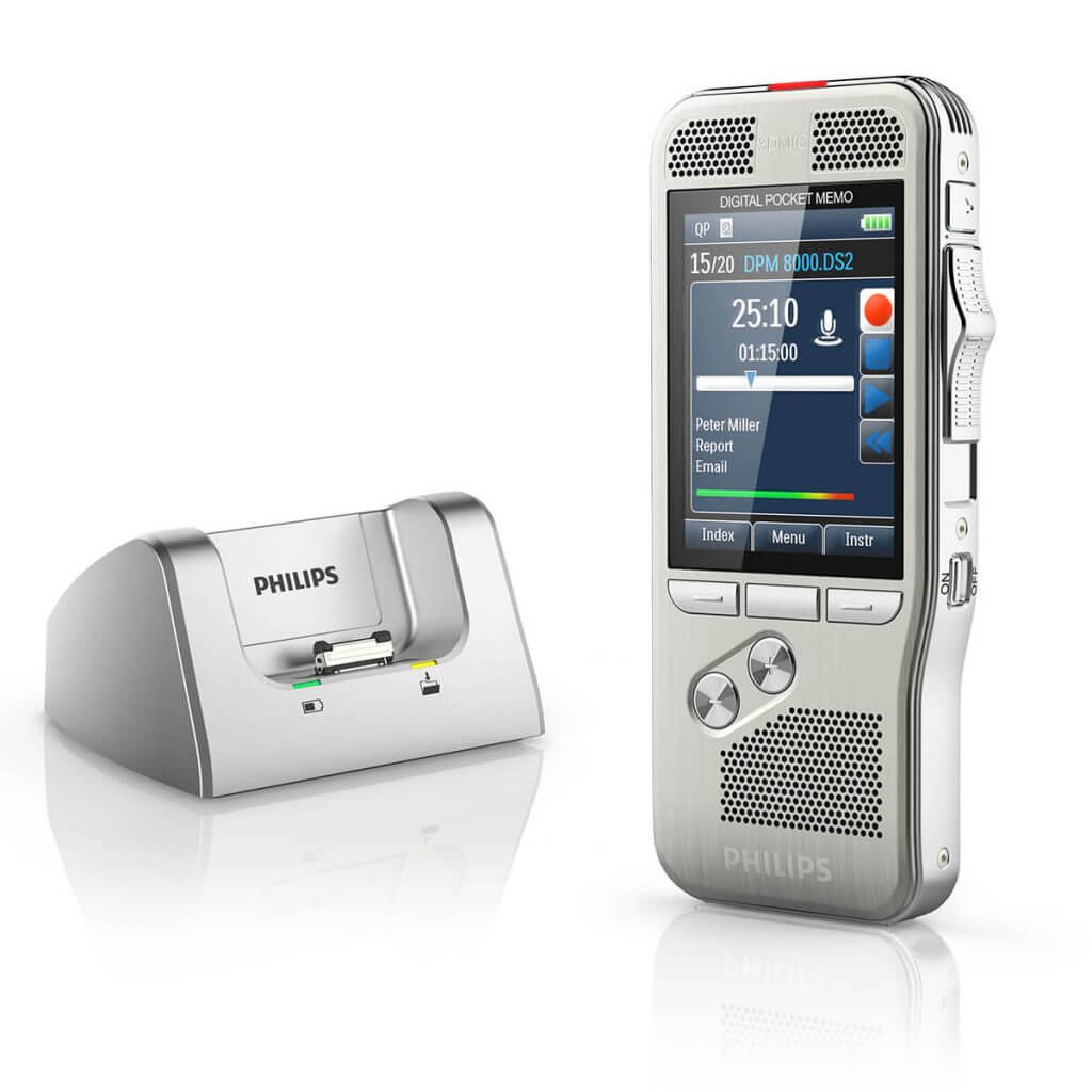 Diktiergeräte für Spracherkennung: DPM 8100 Philips Pocket Memo Diktiergerät und Ladestation